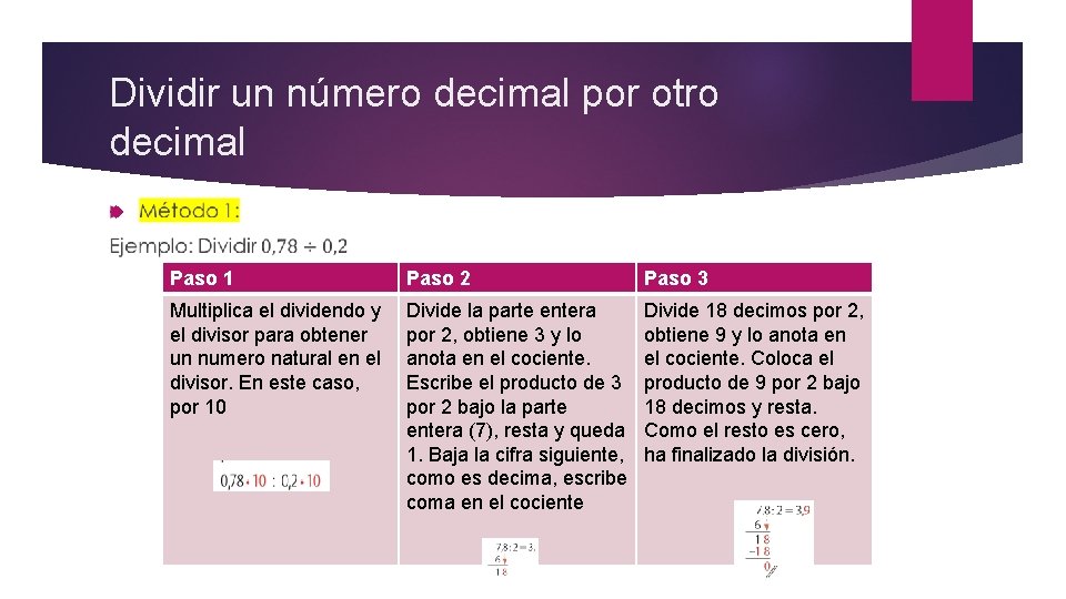Dividir un número decimal por otro decimal Paso 1 Paso 2 Paso 3 Multiplica