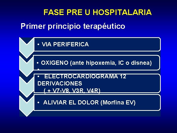 FASE PRE U HOSPITALARIA Primer principio terapéutico • VIA PERIFERICA • OXIGENO (ante hipoxemia,