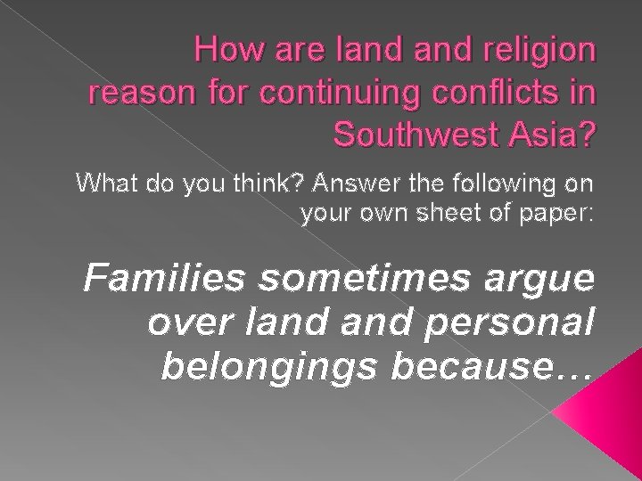 How are land religion reason for continuing conflicts in Southwest Asia? What do you