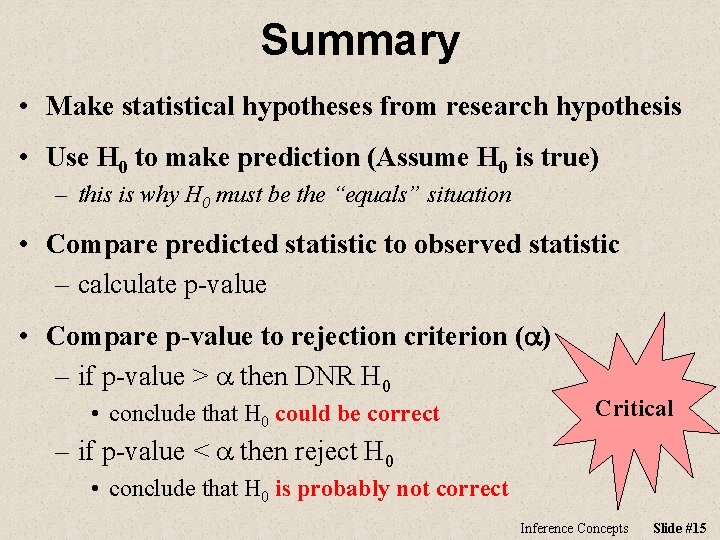 Summary • Make statistical hypotheses from research hypothesis • Use H 0 to make