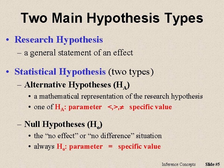 Two Main Hypothesis Types • Research Hypothesis – a general statement of an effect