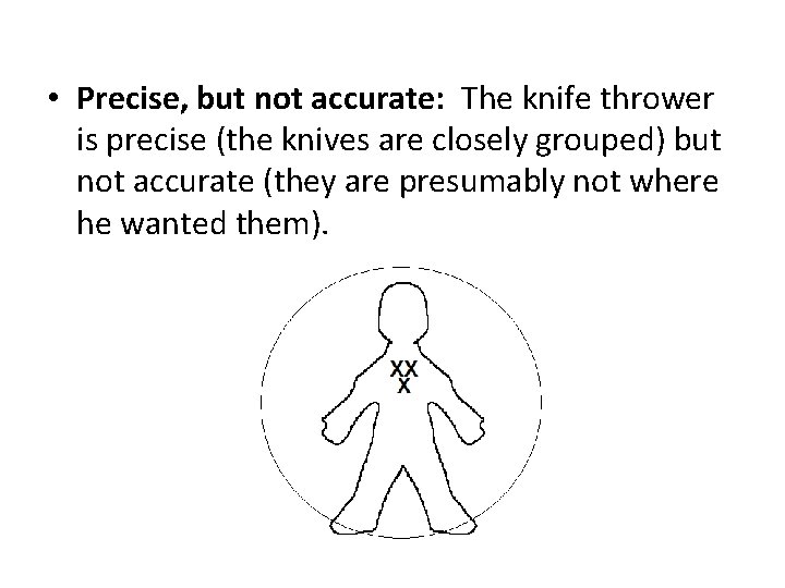• Precise, but not accurate: The knife thrower is precise (the knives are • Precise, but not accurate: The knife thrower is precise (the knives are