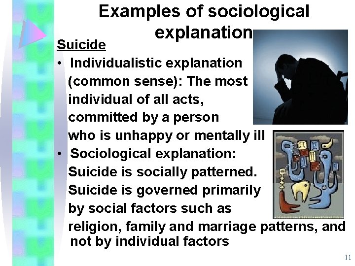 Examples of sociological explanation Suicide • Individualistic explanation (common sense): The most individual of