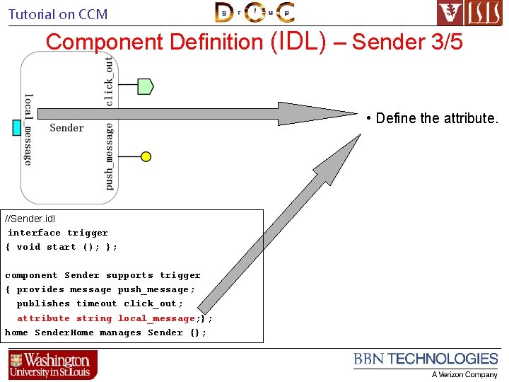 Tutorial on CCM Component Definition (IDL) – Sender 3/5 • Define the attribute. //Sender.