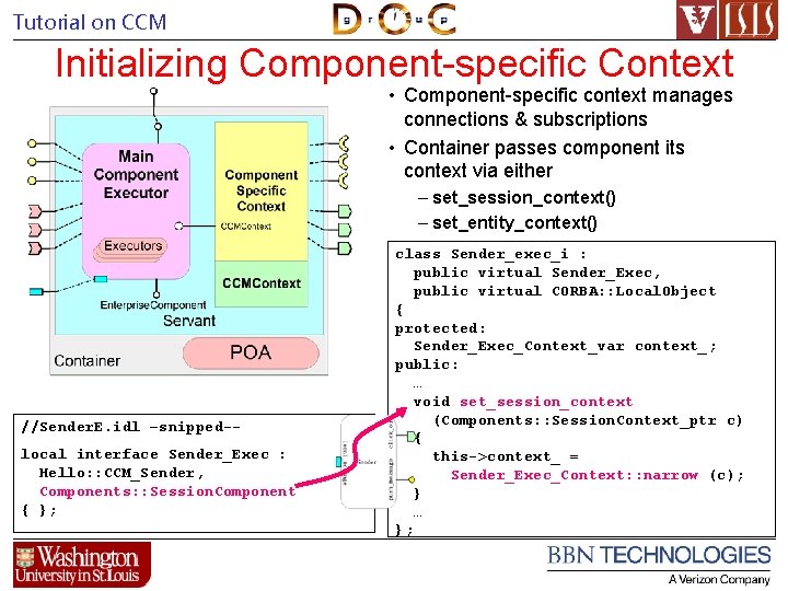 Tutorial on CCM Initializing Component-specific Context • Component-specific context manages connections & subscriptions •