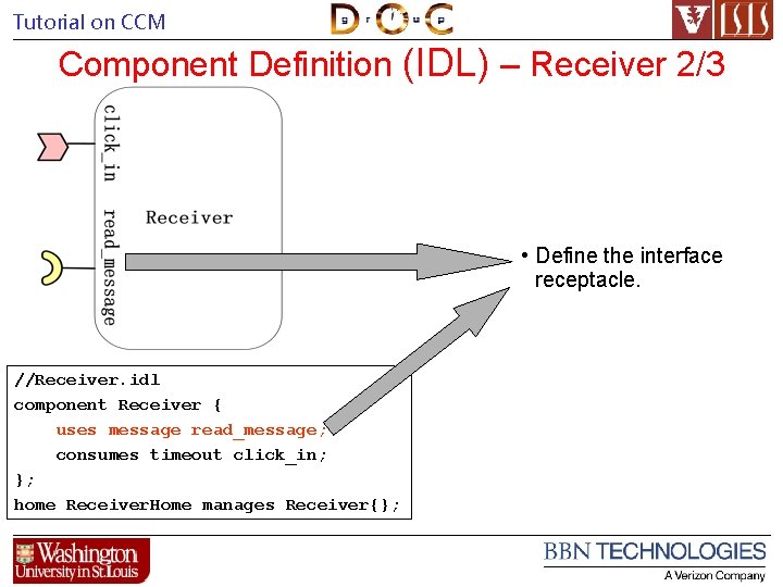 Tutorial on CCM Component Definition (IDL) – Receiver 2/3 • Define the interface receptacle.