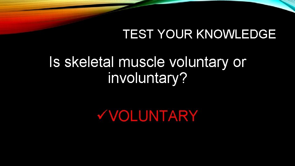 TEST YOUR KNOWLEDGE Is skeletal muscle voluntary or involuntary? üVOLUNTARY 