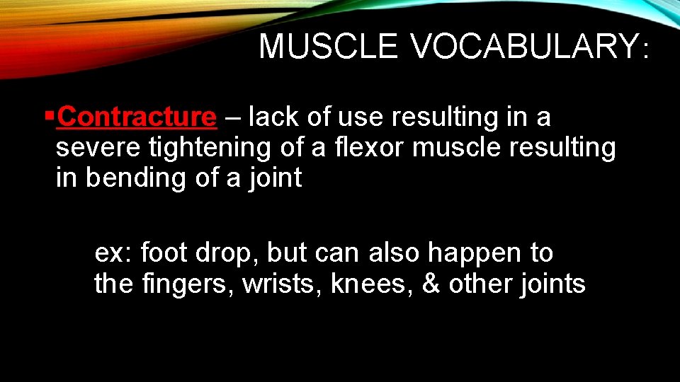 MUSCLE VOCABULARY: §Contracture – lack of use resulting in a severe tightening of a