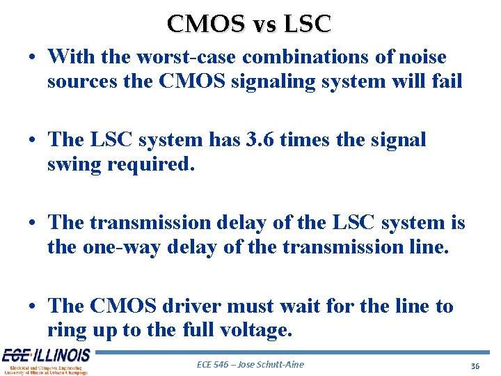 CMOS vs LSC • With the worst-case combinations of noise sources the CMOS signaling