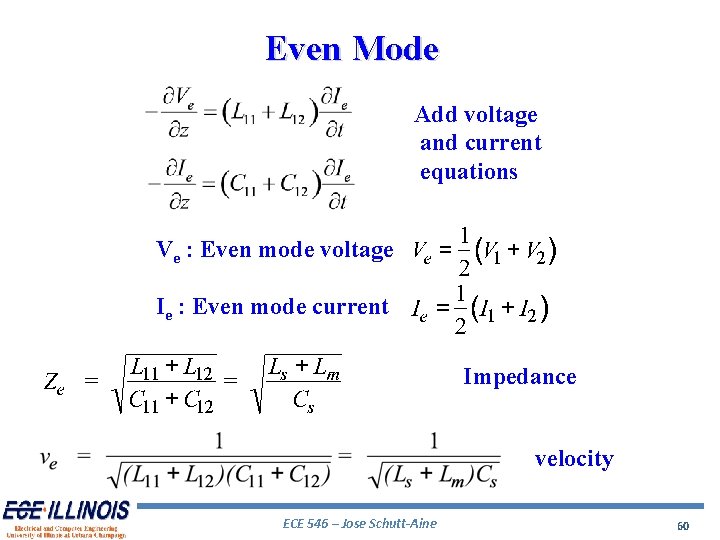 Even Mode Add voltage and current equations Ve : Even mode voltage Ie :