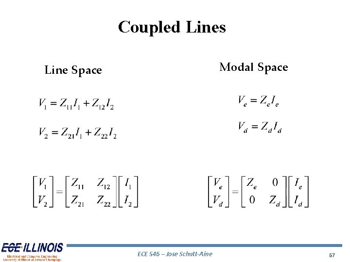 Coupled Lines Modal Space Line Space ECE 546 – Jose Schutt-Aine 67 