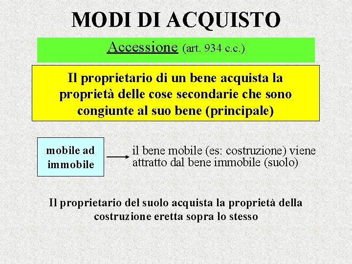 MODI DI ACQUISTO Accessione (art. 934 c. c. ) Il proprietario di un bene