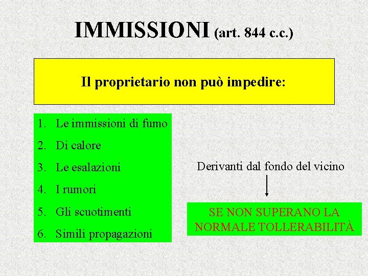 IMMISSIONI (art. 844 c. c. ) Il proprietario non può impedire: 1. Le immissioni