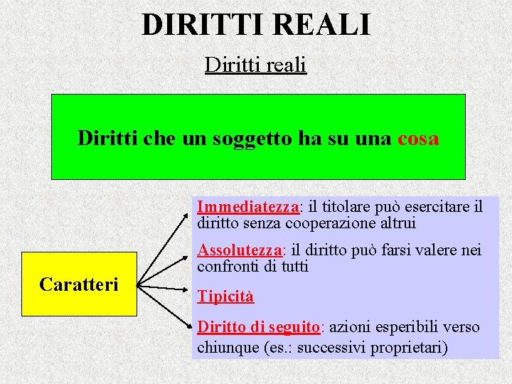 DIRITTI REALI Diritti reali Diritti che un soggetto ha su una cosa Immediatezza: il