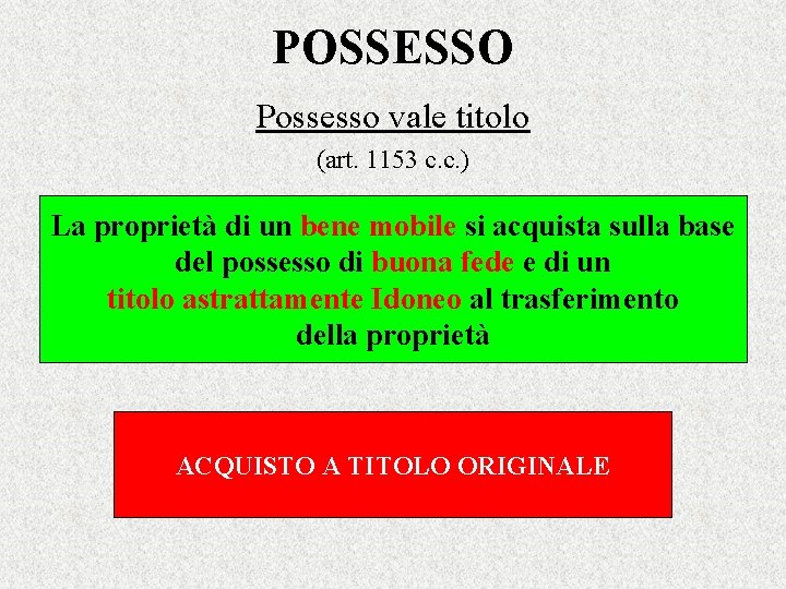 POSSESSO Possesso vale titolo (art. 1153 c. c. ) La proprietà di un bene