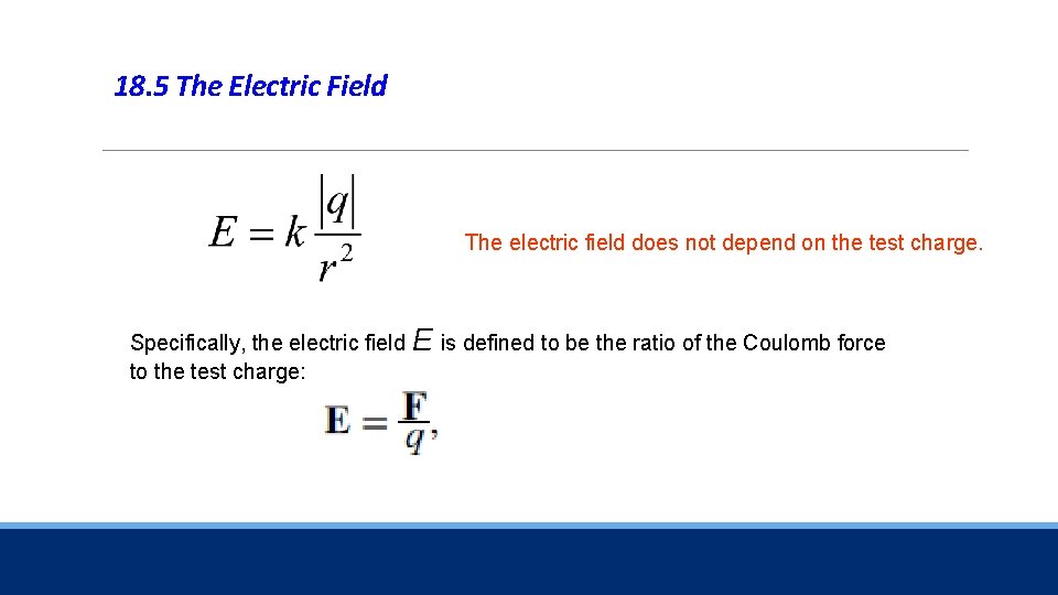 18. 5 The Electric Field The electric field does not depend on the test