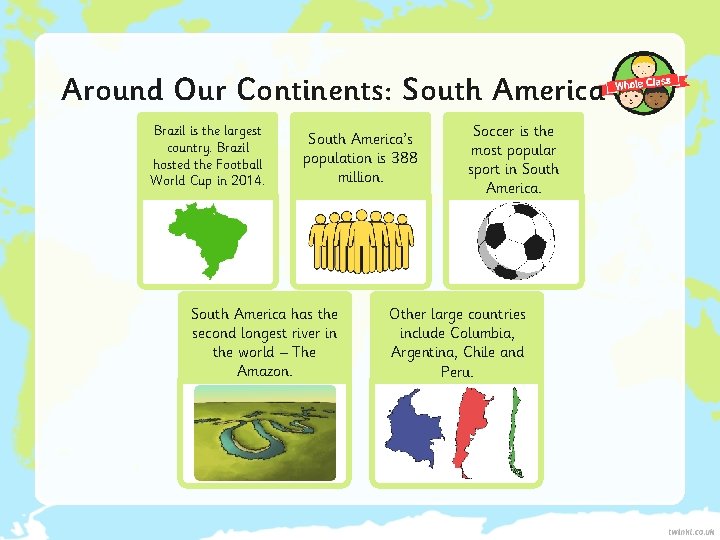 Around Our Continents: South America Brazil is the largest country. Brazil hosted the Football