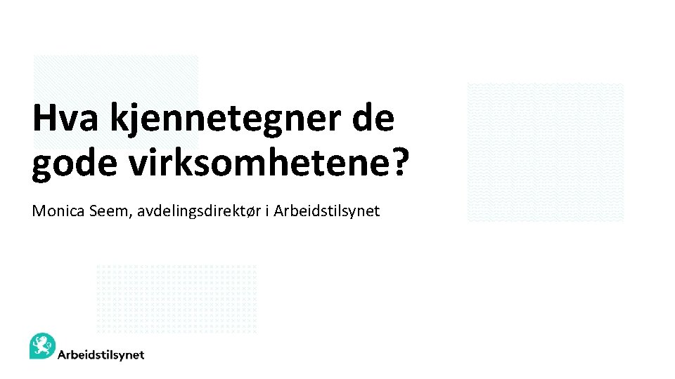 Hva kjennetegner de gode virksomhetene? Monica Seem, avdelingsdirektør i Arbeidstilsynet 