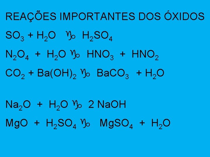 REAÇÕES IMPORTANTES DOS ÓXIDOS SO 3 + H 2 O H 2 SO 4