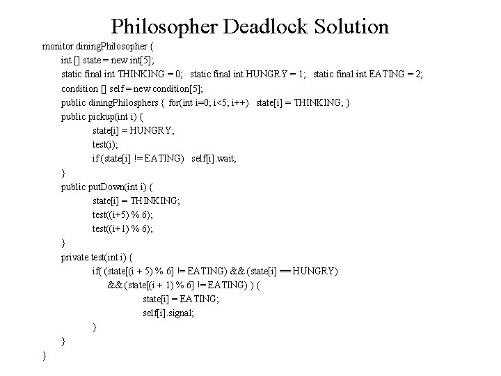 Philosopher Deadlock Solution monitor dining. Philosopher { int [] state = new int[5]; static