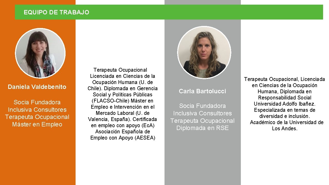 EQUIPO DE TRABAJO Daniela Valdebenito Socia Fundadora Inclusiva Consultores Terapeuta Ocupacional Máster en Empleo