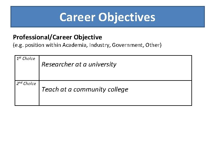 Career Objectives Professional/Career Objective (e. g. position within Academia, Industry, Government, Other) 1 st