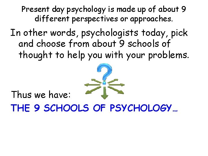 Present day psychology is made up of about 9 different perspectives or approaches. In