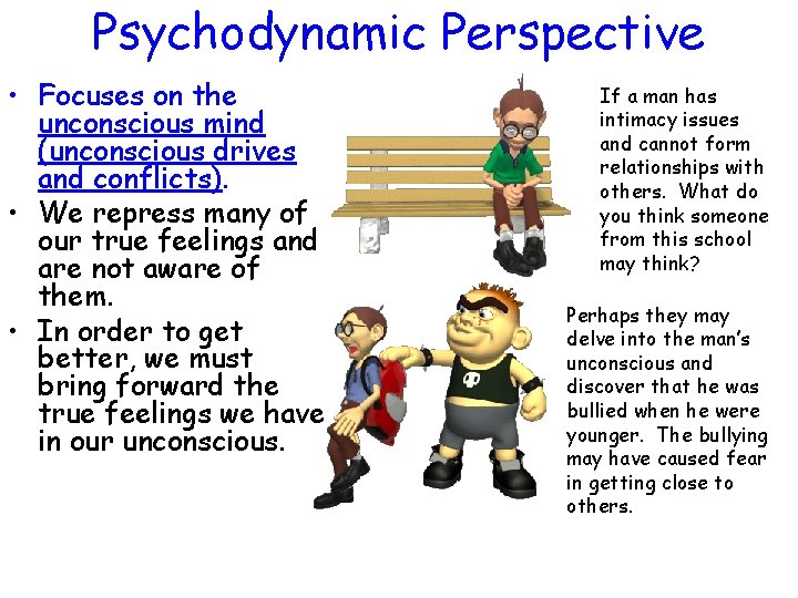 Psychodynamic Perspective • Focuses on the unconscious mind (unconscious drives and conflicts). • We