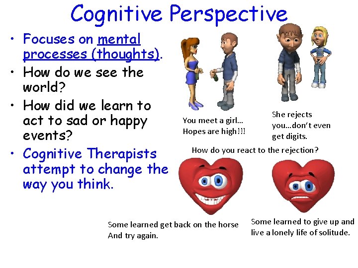 Cognitive Perspective • Focuses on mental processes (thoughts). • How do we see the