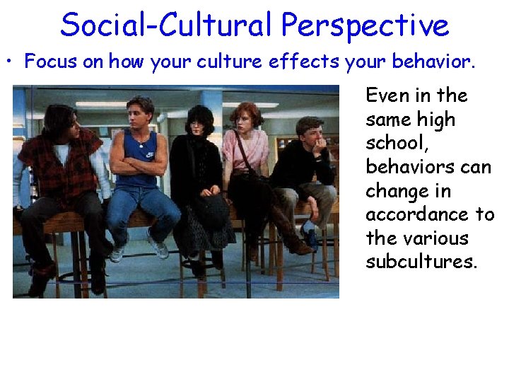 Social-Cultural Perspective • Focus on how your culture effects your behavior. Even in the