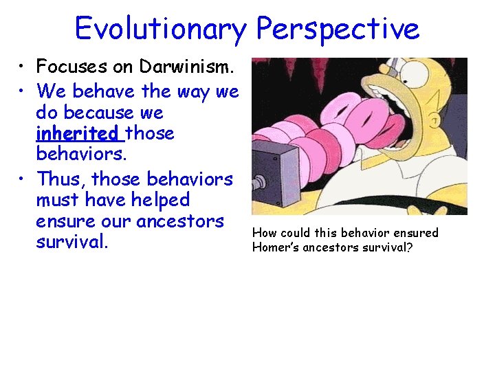 Evolutionary Perspective • Focuses on Darwinism. • We behave the way we do because