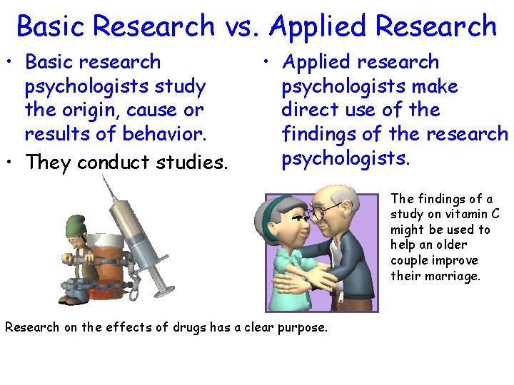 Basic Research vs. Applied Research • Basic research psychologists study the origin, cause or
