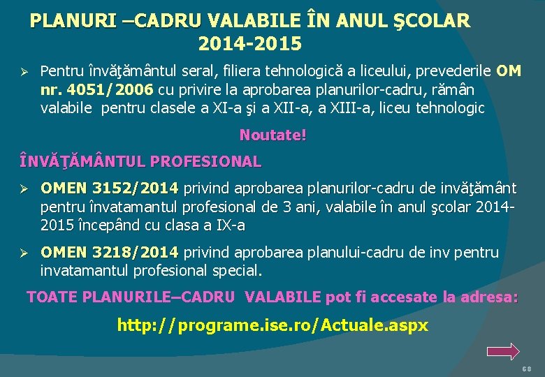 PLANURI –CADRU VALABILE ÎN ANUL ŞCOLAR PLANURI –CADRU 2014 -2015 Ø Pentru învăţământul seral,