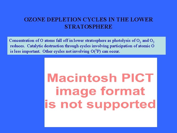 OZONE DEPLETION CYCLES IN THE LOWER STRATOSPHERE Concentration of O atoms fall off in