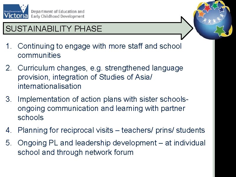 SUSTAINABILITY PHASE 1. Continuing to engage with more staff and school communities 2. Curriculum