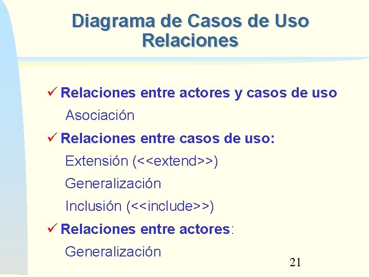 Diagrama de Casos de Uso Relaciones entre actores y casos de uso Asociación Relaciones