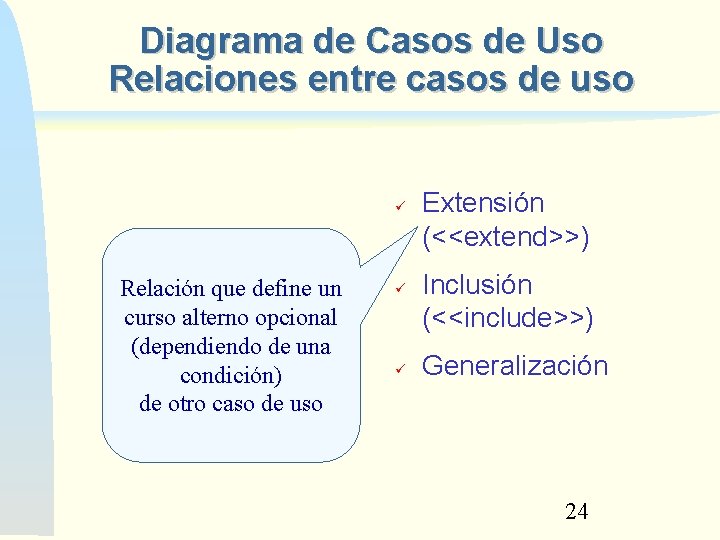 Diagrama de Casos de Uso Relaciones entre casos de uso Relación que define un