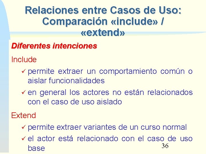 Relaciones entre Casos de Uso: Comparación «include» / «extend» Diferentes intenciones Include permite extraer