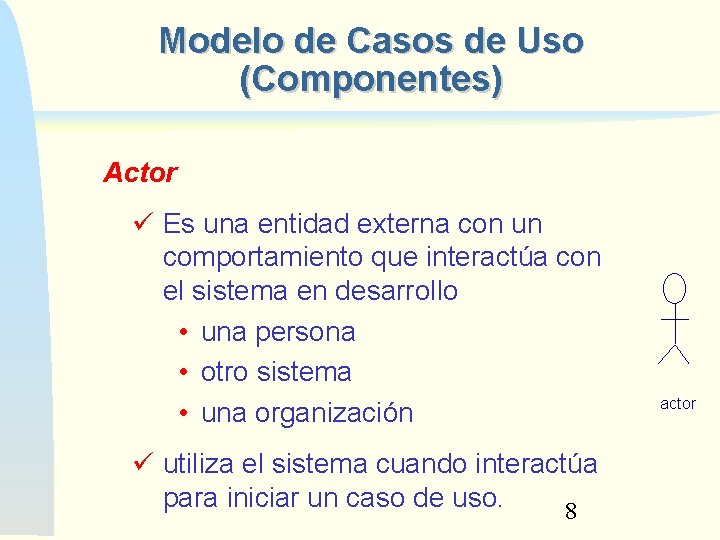 Modelo de Casos de Uso (Componentes) Actor Es una entidad externa con un comportamiento