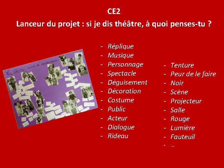 CE 2 Lanceur du projet : si je dis théâtre, à quoi penses-tu ?