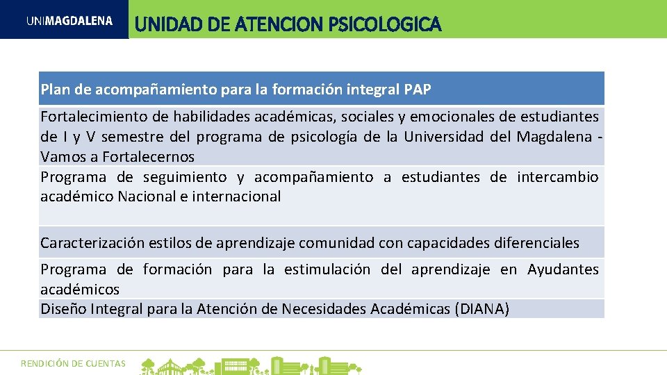UNIDAD DE ATENCION PSICOLOGICA Plan de acompañamiento para la formación integral PAP Fortalecimiento de UNIDAD DE ATENCION PSICOLOGICA Plan de acompañamiento para la formación integral PAP Fortalecimiento de