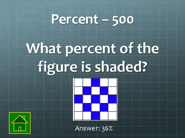Percent – 500 What percent of the figure is shaded? Answer: 36% 