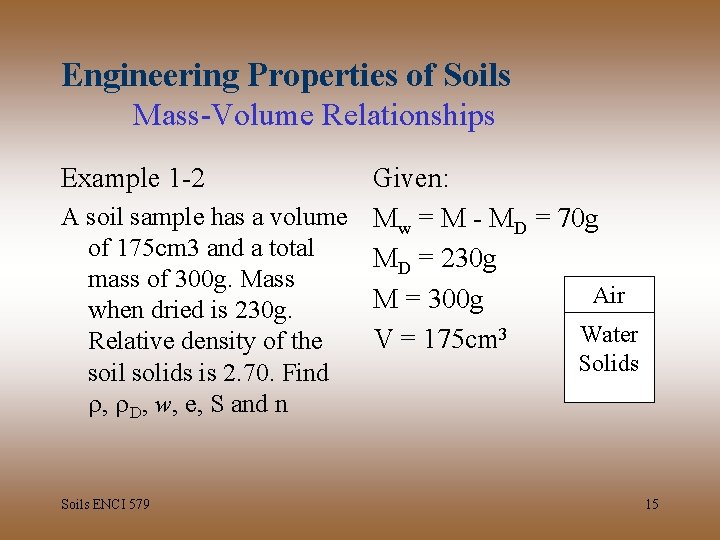 Engineering Properties of Soils Mass-Volume Relationships Example 1 -2 Given: A soil sample has