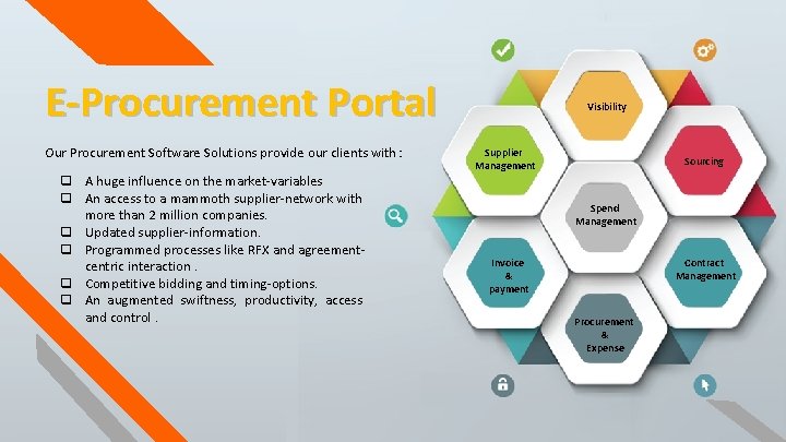 E-Procurement Portal Our Procurement Software Solutions provide our clients with : q A huge E-Procurement Portal Our Procurement Software Solutions provide our clients with : q A huge
