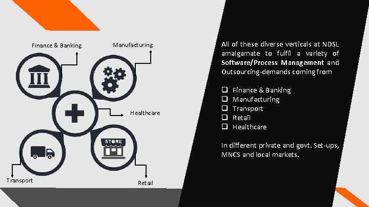 Finance & Banking Manufacturing Healthcare All of these diverse verticals at NDSL amalgamate to Finance & Banking Manufacturing Healthcare All of these diverse verticals at NDSL amalgamate to