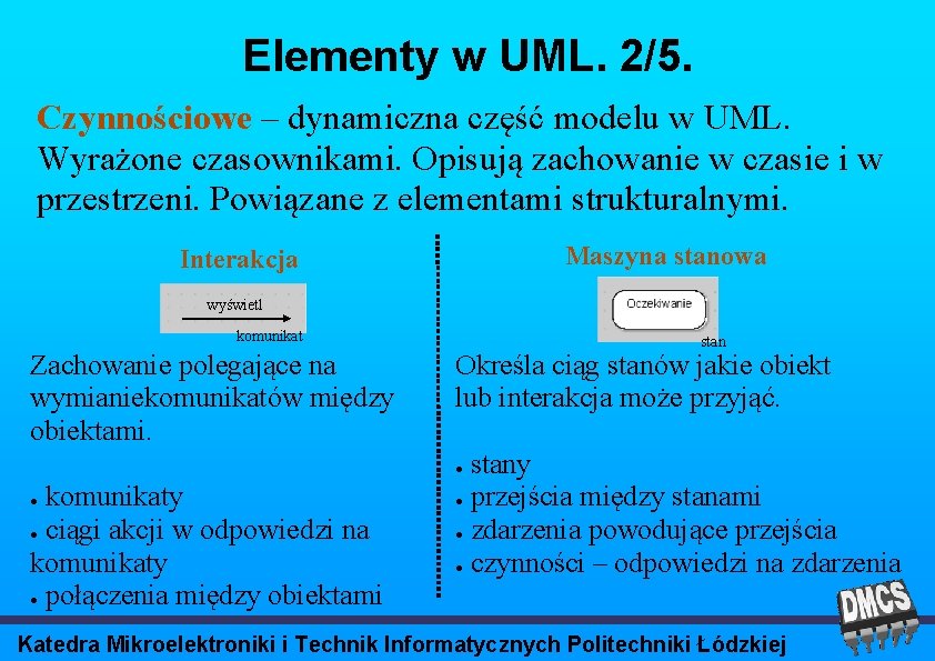 Elementy w UML. 2/5. Czynnościowe – dynamiczna część modelu w UML. Wyrażone czasownikami. Opisują