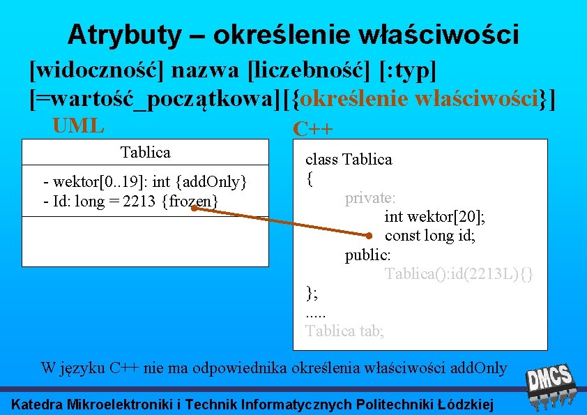 Atrybuty – określenie właściwości [widoczność] nazwa [liczebność] [: typ] [=wartość_początkowa][{określenie właściwości}] UML C++ Tablica