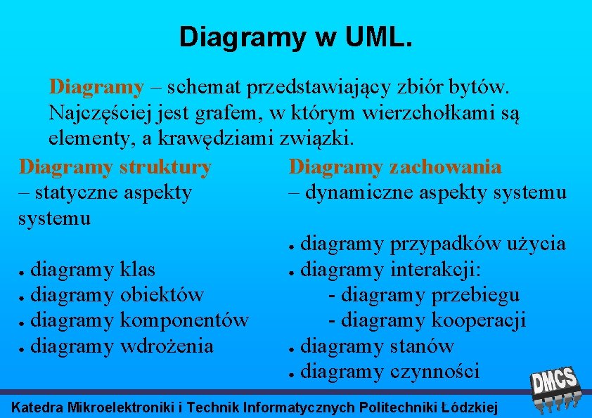 Diagramy w UML. Diagramy – schemat przedstawiający zbiór bytów. Najczęściej jest grafem, w którym