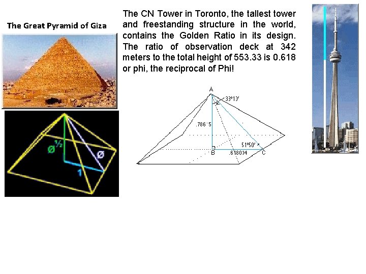 The Great Pyramid of Giza The CN Tower in Toronto, the tallest tower and