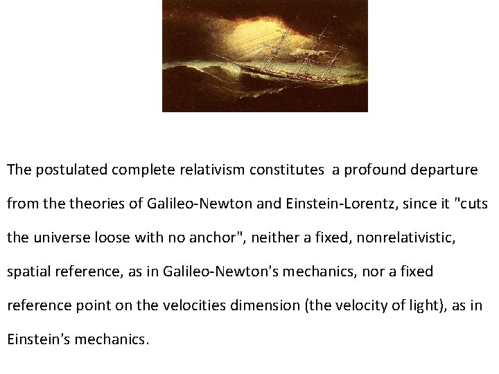 The postulated complete relativism constitutes a profound departure from theories of Galileo-Newton and Einstein-Lorentz,